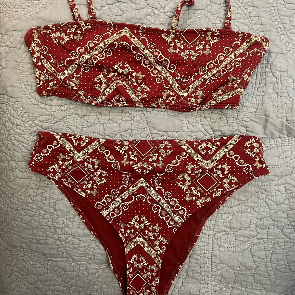 Red two piece swimsuit
